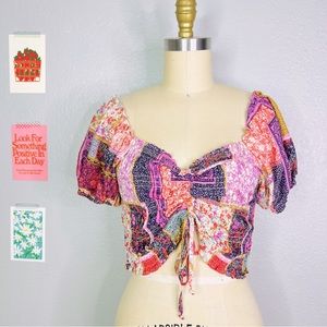 Olivaceous cropped patchwork drawstring crop top sz large